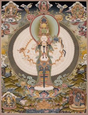 Avalokiteshvara Original Hand Painted Tibetan Thangka Flanked By Vajrapani And Manjushree